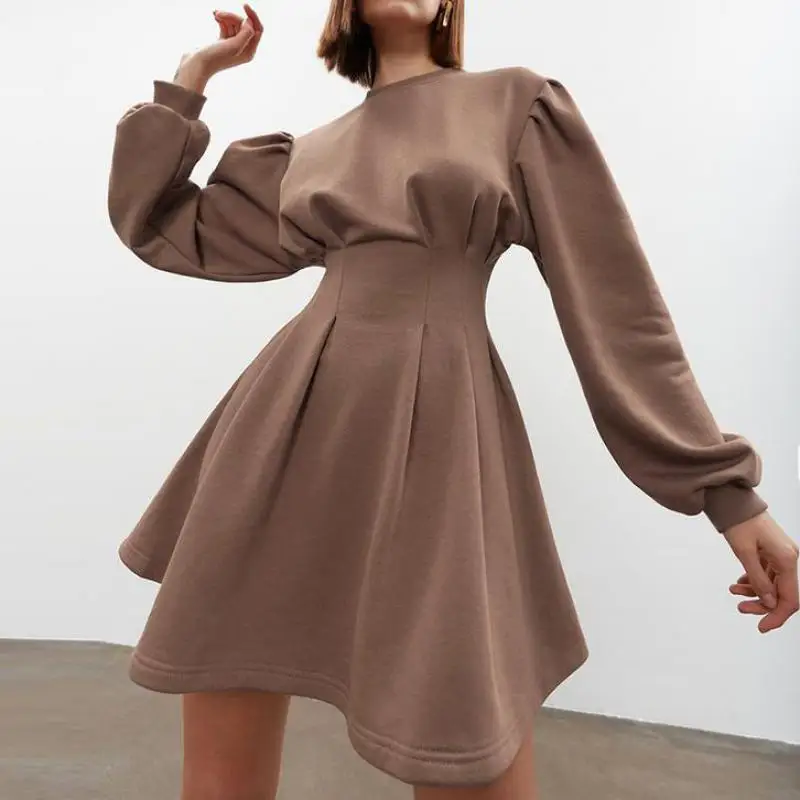 

French Style Vintage Puff Long Sleeve Fit And Flared Women Fall Mini Dress Vestidos Elegantes Tight Waist A-line Pleated Dress