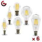 Светодиодная лампа Эдисона в стиле ретро, 6 шт.лот, E27, E14, 220-240 В переменного тока, C35, G45, A60, ST64, G80, G95, G125