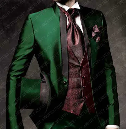 

ANNIEBRITNEY Mens Wedding Suits 2019 Italian Design Custom Made Green Smoking Tuxedo Jacket 3 Piece Groom Terno Suits For Men