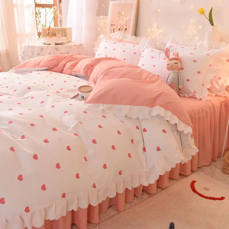 

Korean washed cotton bed sheet four-piece set ins style girl heart princess style duvet cover sheet three-piece lace