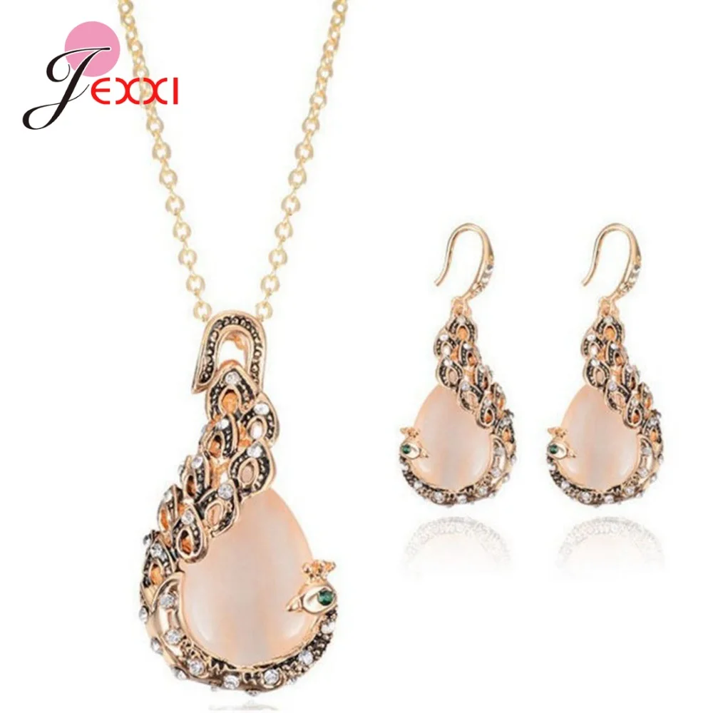 

New Statement Shine Shimmer Austrian Crystal Classic Opal Stone Jewelry Set Waterdrop Pendant Necklaces Drop Earrings