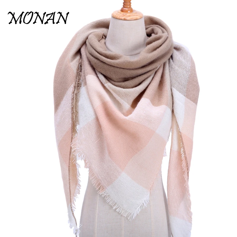 Женский вязаный шарф двойного назначения на весну и зиму клетчатые теплые