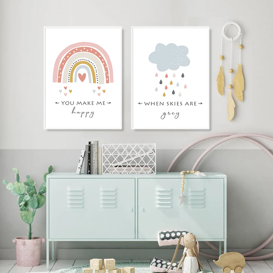 Cartoon Sun Cloud Rainbow Nursery Decor Canvas Painting Wall Art Pictures Posters Prints for Kids Baby Room Home Decoration | Дом и сад