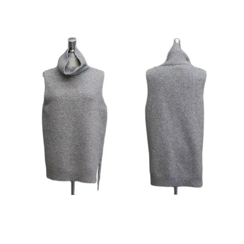 

2021 Autumn Winter Cashmere Vest Women Turn-down Collar Sleeveless Knitted Vest Female High Collar Waistcoat Plus Size