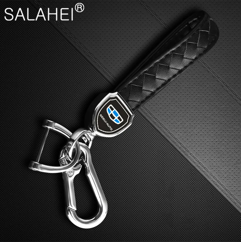 

1PC Leather Metal Car Keychain Shield Shape Double Keychain Key Ring With Logo For Geely Atlas Boyue NL3 X6 EX7 Emgrand X7