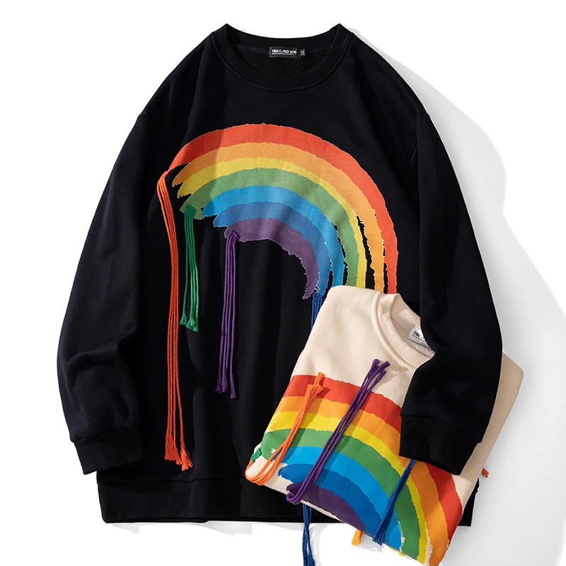 

Autumn Winter New Men Sweater Rainbow Tassels Oversized Thick Fleece Keep Warm Female Pullover Hoodie Fashion Streetwear