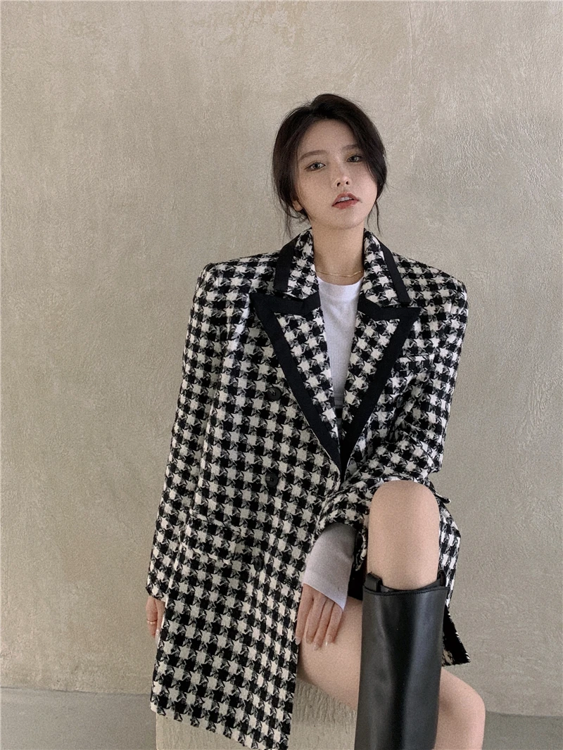 

suit jacket women loose Korean mid-length houndstooth retro jacket 2020 autumn and winter new blazers trench