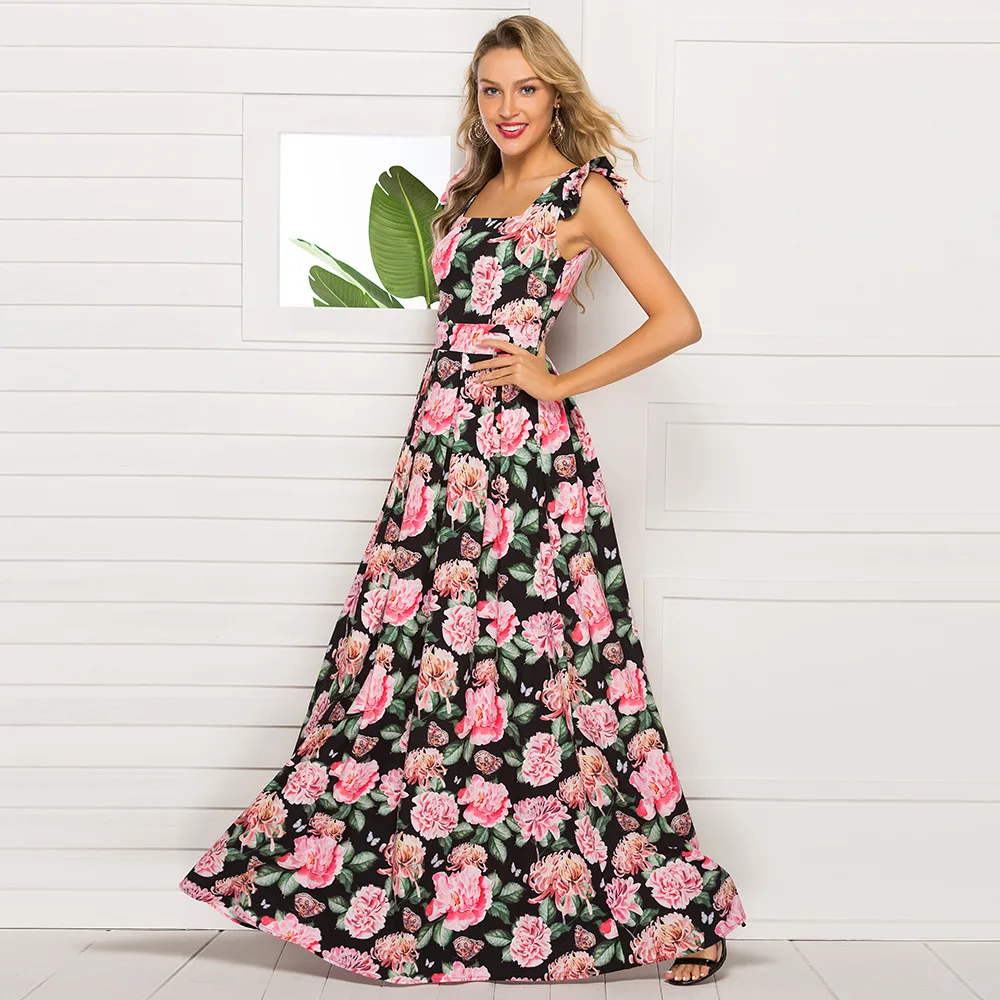 

2021 New Retro Floral Print A Line Midi Summer Dress Women No Belt O-Neck Sleeveless Vintage Party Vestidos Spring Casual Dress