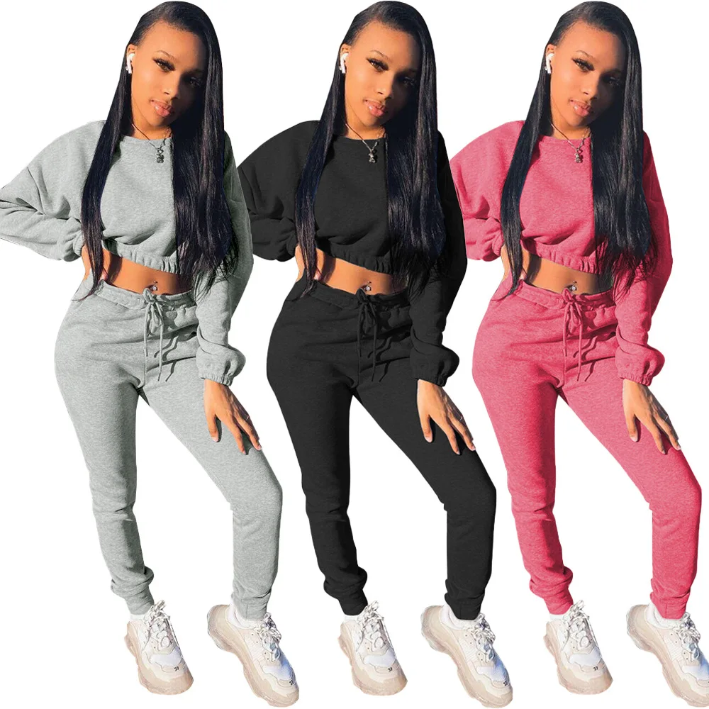 

7DN8563 Autumn Winter Women Casual Fashion Solid Navel Sports Two Piece Set Top and Pants Tracksuit Sweatsuit Outfits Hot 2020