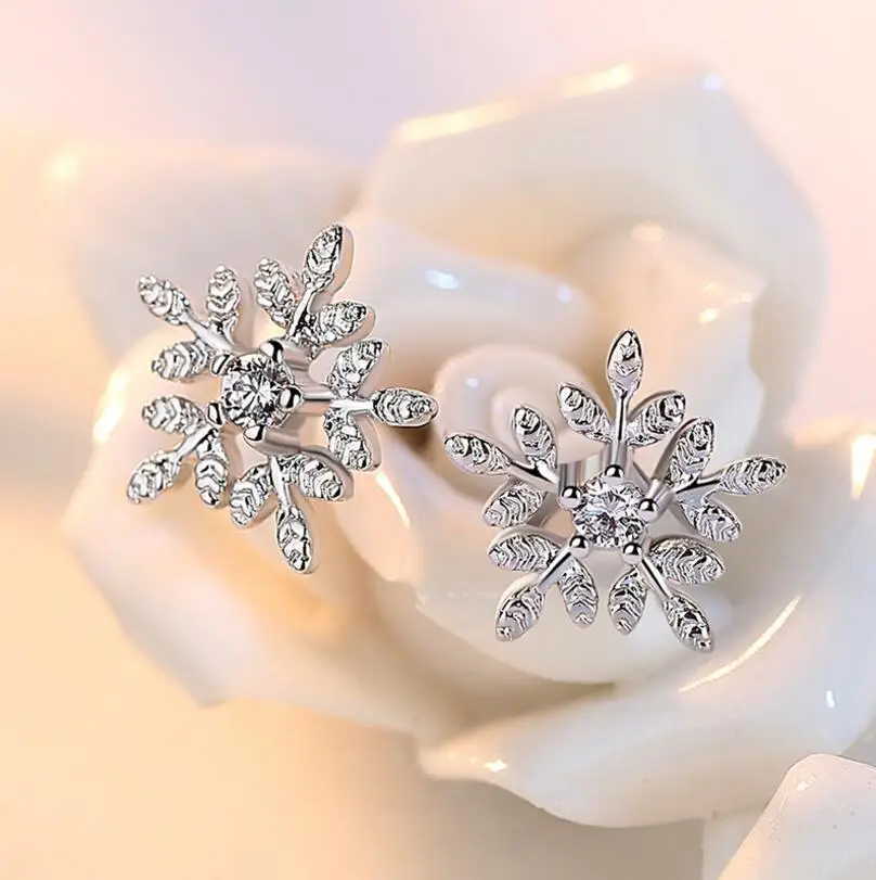 

925 Sterling Silver Zircon Snowflake Flower Stud Earrings For Women brincos Gift Boucle d'oreille oorbellen S-E07