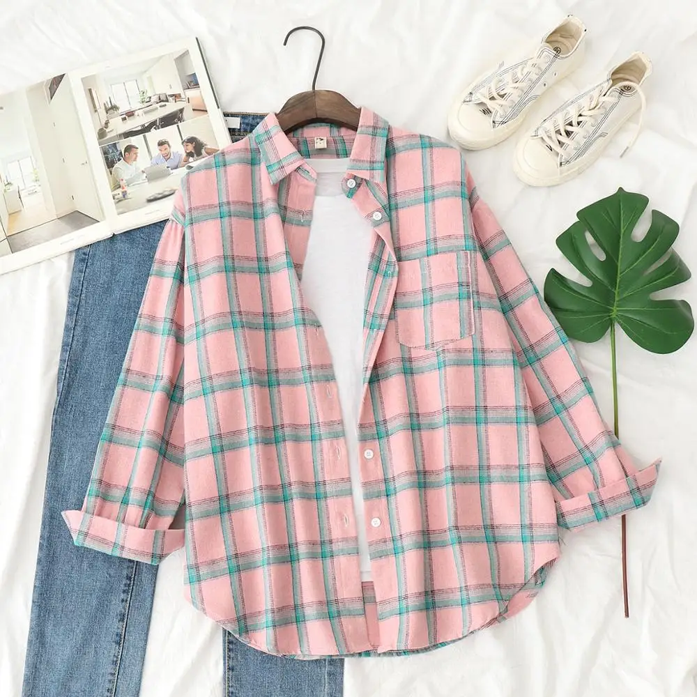 

2020 Plaid Shirts Women Top And Blouses Long Sleeve Oversized Cotton Ladies Casual Blusas One Pocket Loose Female Checked Shirt