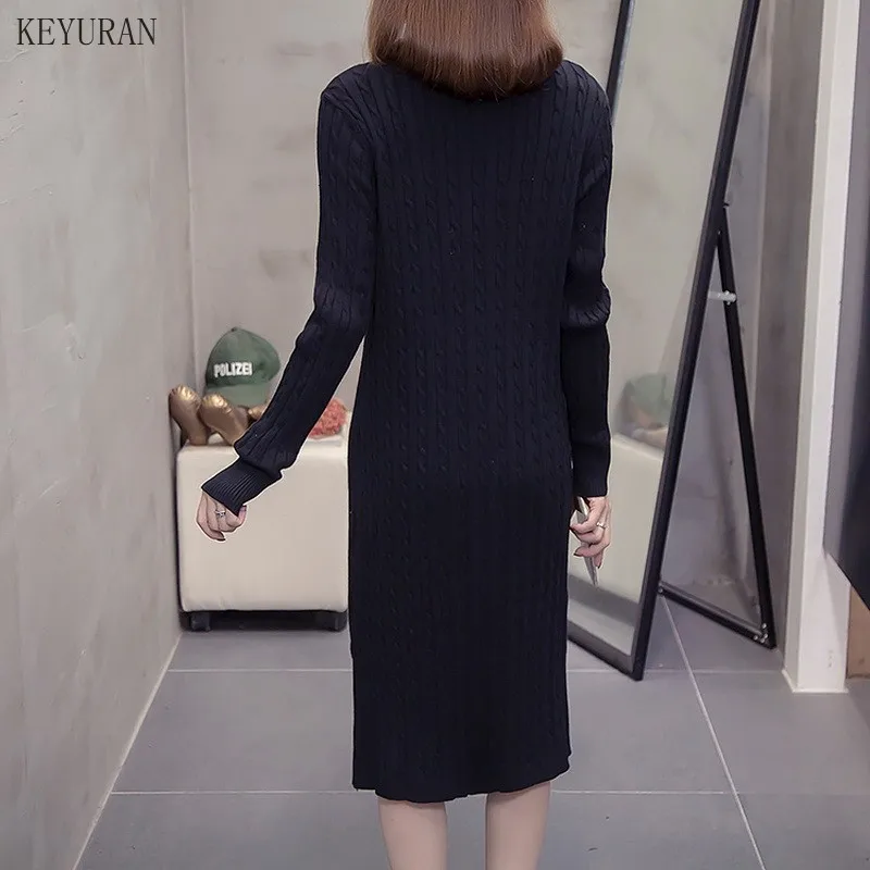 

Women Turtleneck Sweater Dress Women's Casual Autumn Winter Single-breasted Long Sleeve Twist Oversize Knitted Dresses Elegant