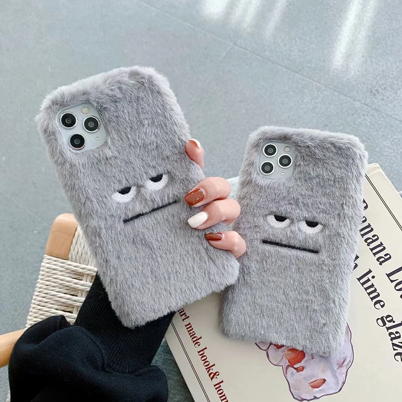 

2021 Gray plush Angry funny soft Phone Case For apple iPhone 7 8 Plus X XS XR MAX 11 Pro 12 MiNi SE winter Warm hand cover coque