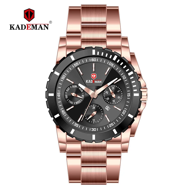 Rose Gold black KADEMAN Женская мода платье кварцевые часы леди из нержавеющей стали Роскошные водонепроницаемые наручные часы простые девушки Relogio Feminino 6137L - Цвет: Rose Gold black