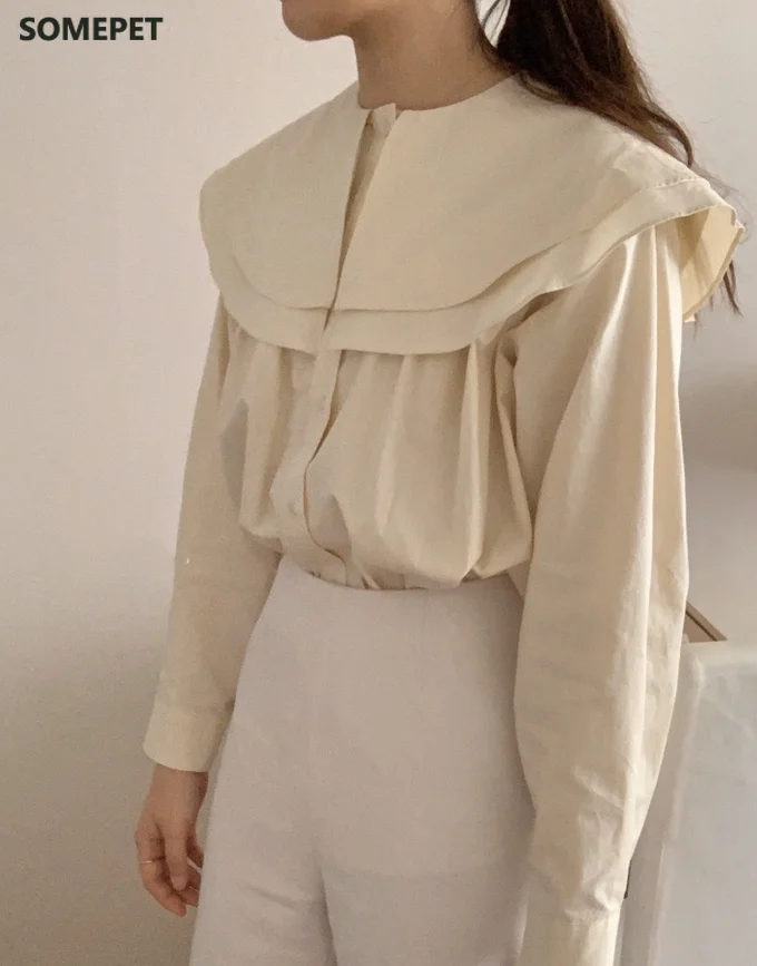 

Chic Pleated Shirt Solid Color All-match Single Breasted Women Blouse Long Sleeve Femme Blusas