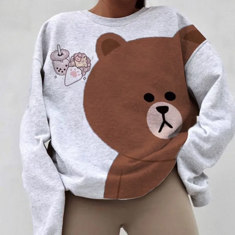 

Y2K Sweatshirt Hoodies Women O Neck Full Sleeve Loose Pullovers Autumn New Cartoon Bear Print Sweet Casual Streetwear Sweatshirt