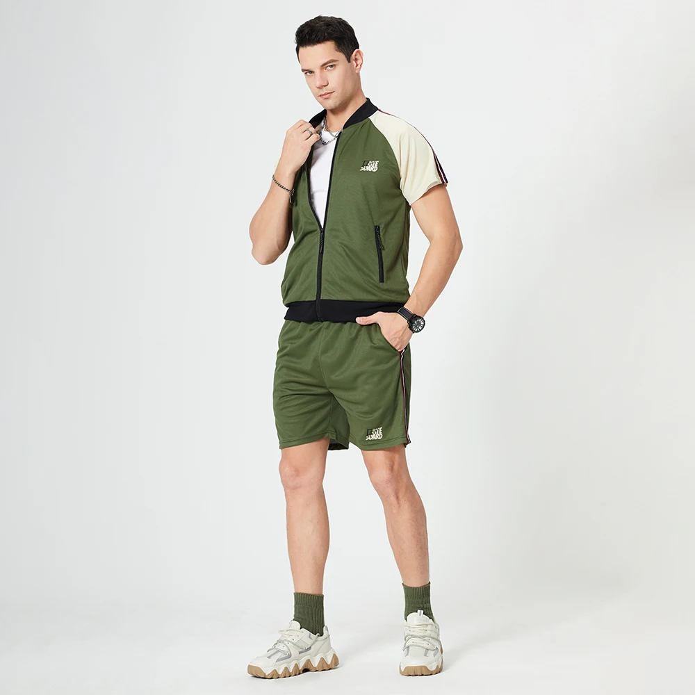 

2021 summer new men's short suit, contrast stitching sports two-piece outdoor running fitness suit male