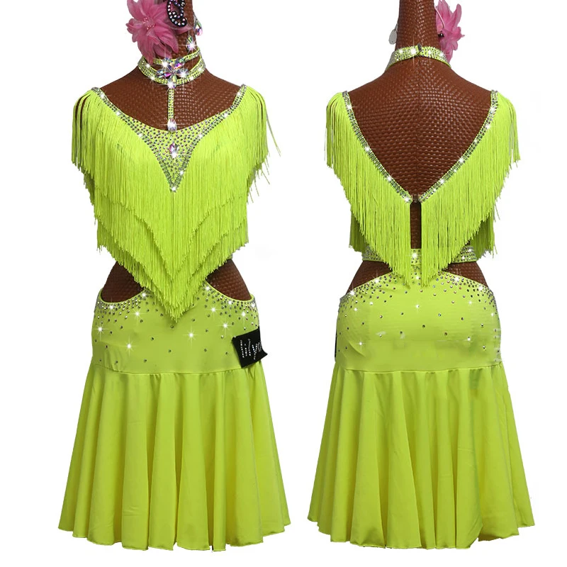 Женское платье для латиноамериканских танцев ФЛУОРЕСЦЕНТНОЕ желтое с бахромой