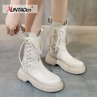 2021 new ankle boots for women thick bottom round toe leather boots black white all match botas feminina platform shoes