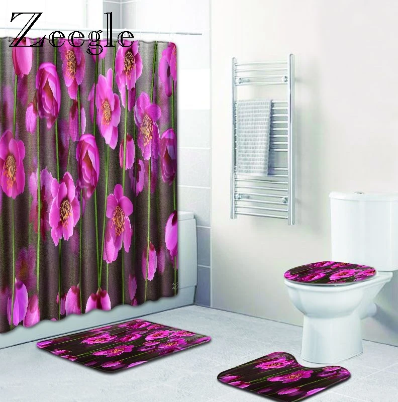 

Zeegle Rose Pattern Bathroom Shower Curtain and Rug Sets Toilet Rug Microfiber Door Mats Quick Dry Mat Non Slip Floor Mat