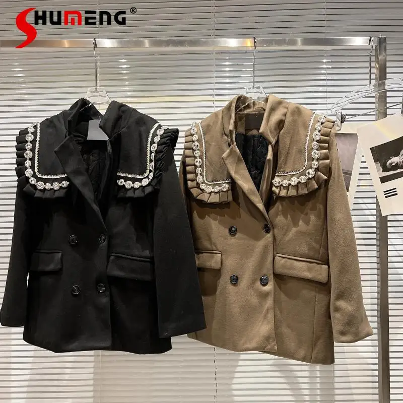 

2021 Winter Female New Elegant Rhinestone Beaded Lace Shawl Belt Quilted Suit Jacket Women's Fashion Streetwear Solid Color Coat