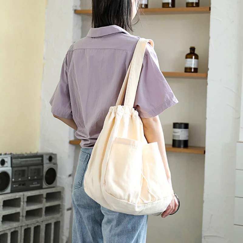 

New Women's Handbag Washable Canvas Bag Simple Shoulder Bag Messenger Bag Drawstring Shopping Bag