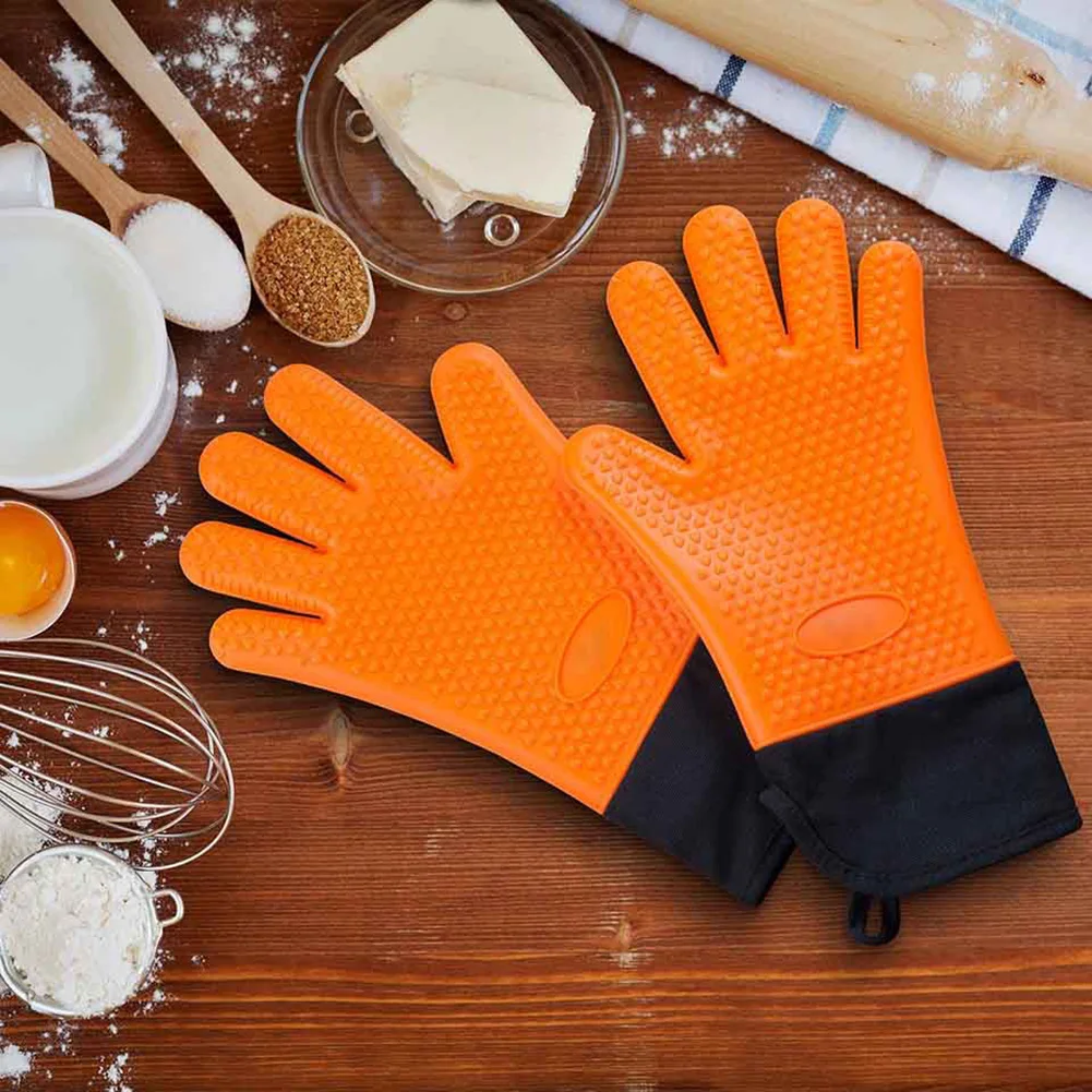 

Silicone Oven Mitt Extra Long Heat Resistant Potholder Kitchen 5 Fingers Gloves BBQ Cooking Barbecue