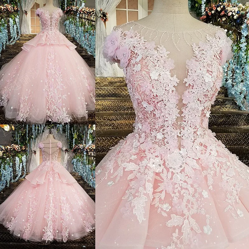 

Luxury Crystals Pink Scoop Flowers Beading Quinceanera Dresses Ball Gown Appliques Tulle Prom Sweet 16 Dress vestidos de 15 anos