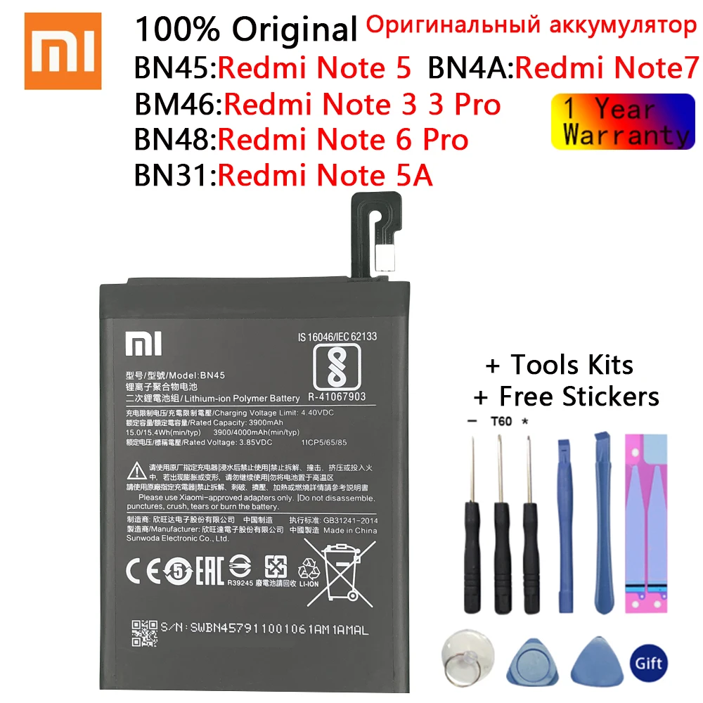 

Xiao Mi Original Replacement Phone Battery For Xiaomi Mi Redmi Note A1 3 5 5A Mi 5X 6 7 Y1 Lite S2 Pro Bateria batteries +Tools