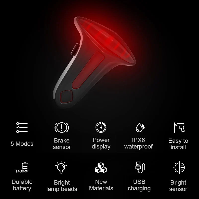

Bicycle Light Smart Brake Bike Taillight LED USB Rechargeable MTB 1400mAh Safety Riding Warning Lamp Bike Rear Light