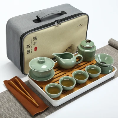 Качественный дорожный чайный набор кунг-фу чайник чашки gaiwan infuser chahai портативная коробка cozies деревянный бамбуковый поднос китайский чайный церемониальный набор - Цвет: SET 18