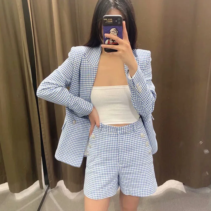 

Houndstooth V-neck Ladies Suit Jacket Office Ladies Plaid Suit and Blue Shorts Two-piece Suit