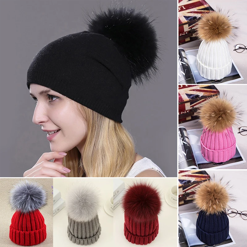

Winter Warm Female Fur Pom Poms Hat Spring Hat for Women Girl 's Hat Knitted Beanies Cap Hat Thick Women Skullies Beanies