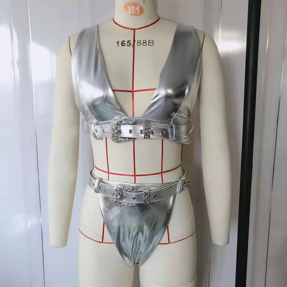 Бразильский сексуальный футуристический серебристый комплект бикини с