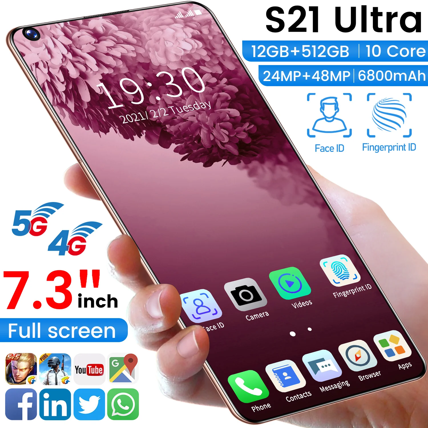 

Смартфон глобальная версия S21 Ultra, 7,3 дюйма, 12 + 512 ГБ, две SIM-карты, 6800 мАч, большая батарея, 24 + 48 Мп, HD-камера, 4G, телефон 2021