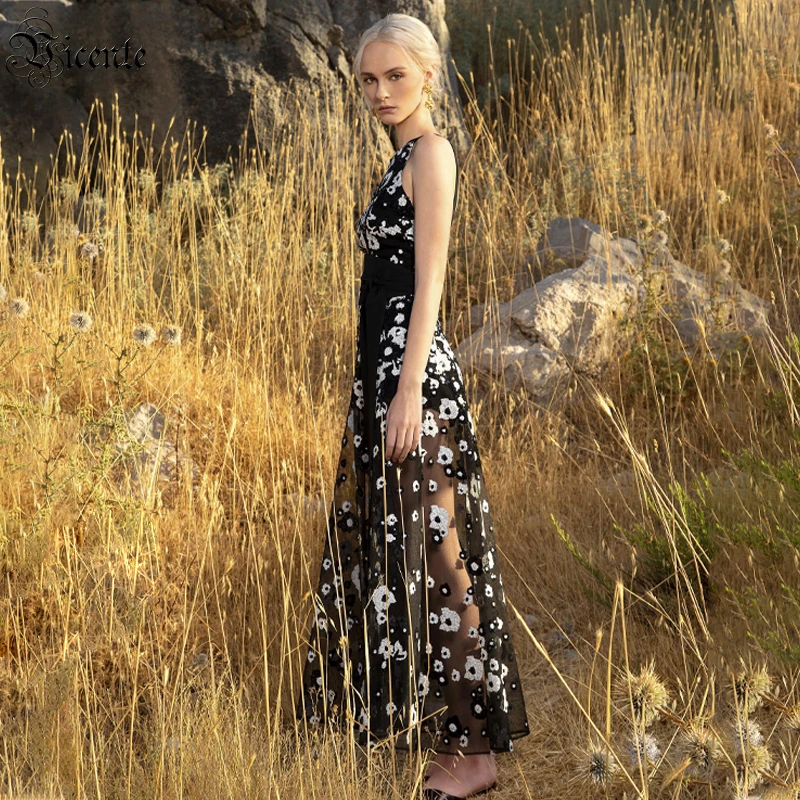 

Длинное Сетчатое платье VC, новинка, модное классическое длинное платье с цветочным принтом и блестками, модное прозрачное вечернее платье с...