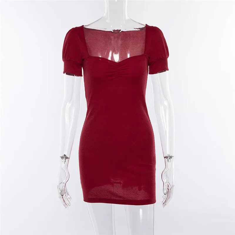 

low cut short puff sleeved slim bodycon dress woman dress