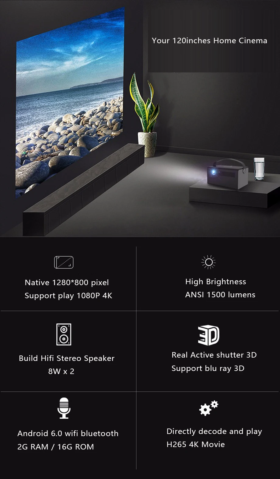 Smartldea New 4K 3D V7 projector android wifi bluetooth proyector portable home smart beamer Build in speaker with Zoom HDMI USB