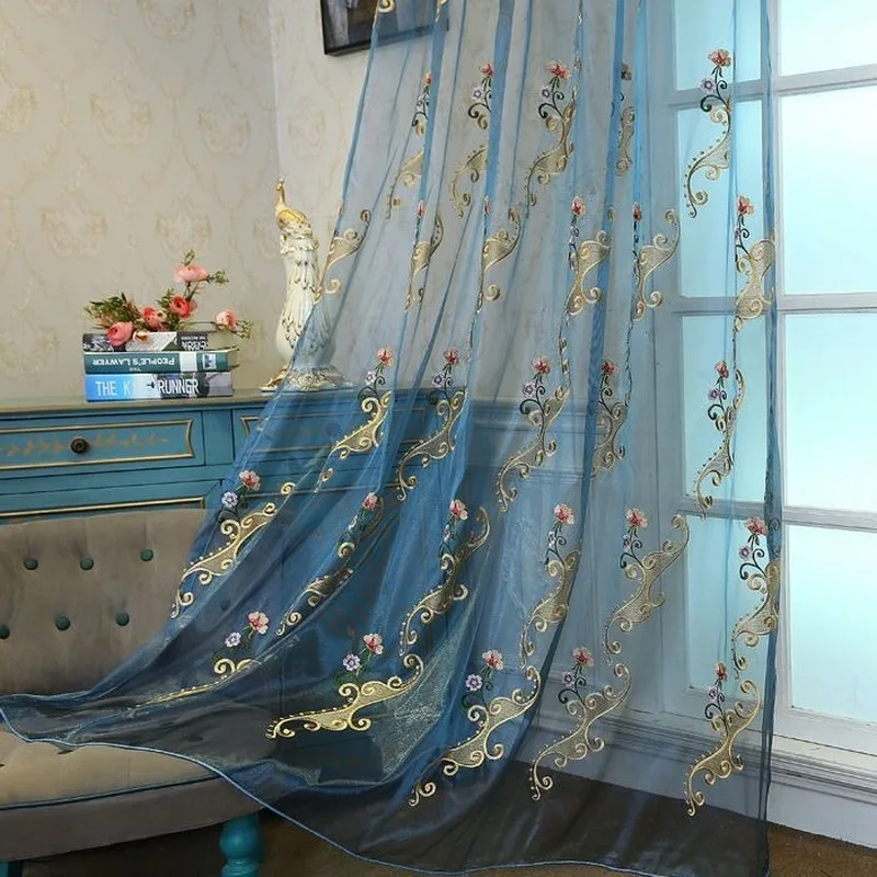 

Blue High-end Embroidered Tulle for Living Room Bedroom Study Villa Light Luxury High-end Hotel Curtains Coffee Tulle Custom
