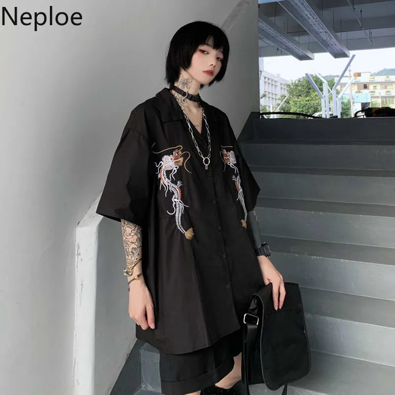Neploe Харадзюку панк готика черная блузка Топы женские корейские вышитые рубашки с драконом винтажные Свободные повседневные уличные 39311