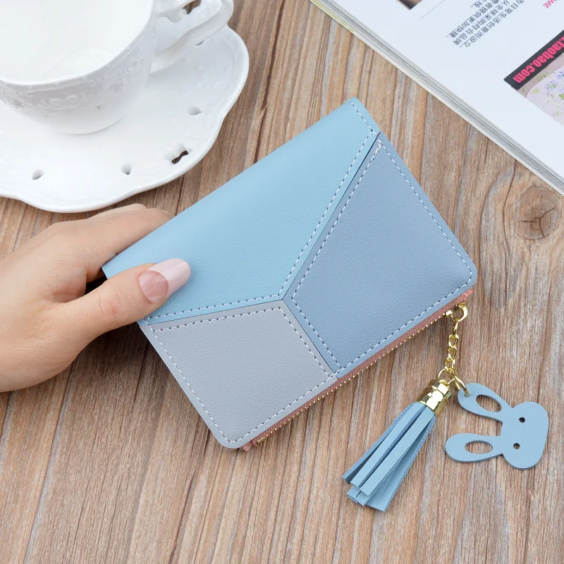 

New ladies short wallet stitching contrast short wallet tassel zipper multi card bit coin purse wallets tassel coin pocket