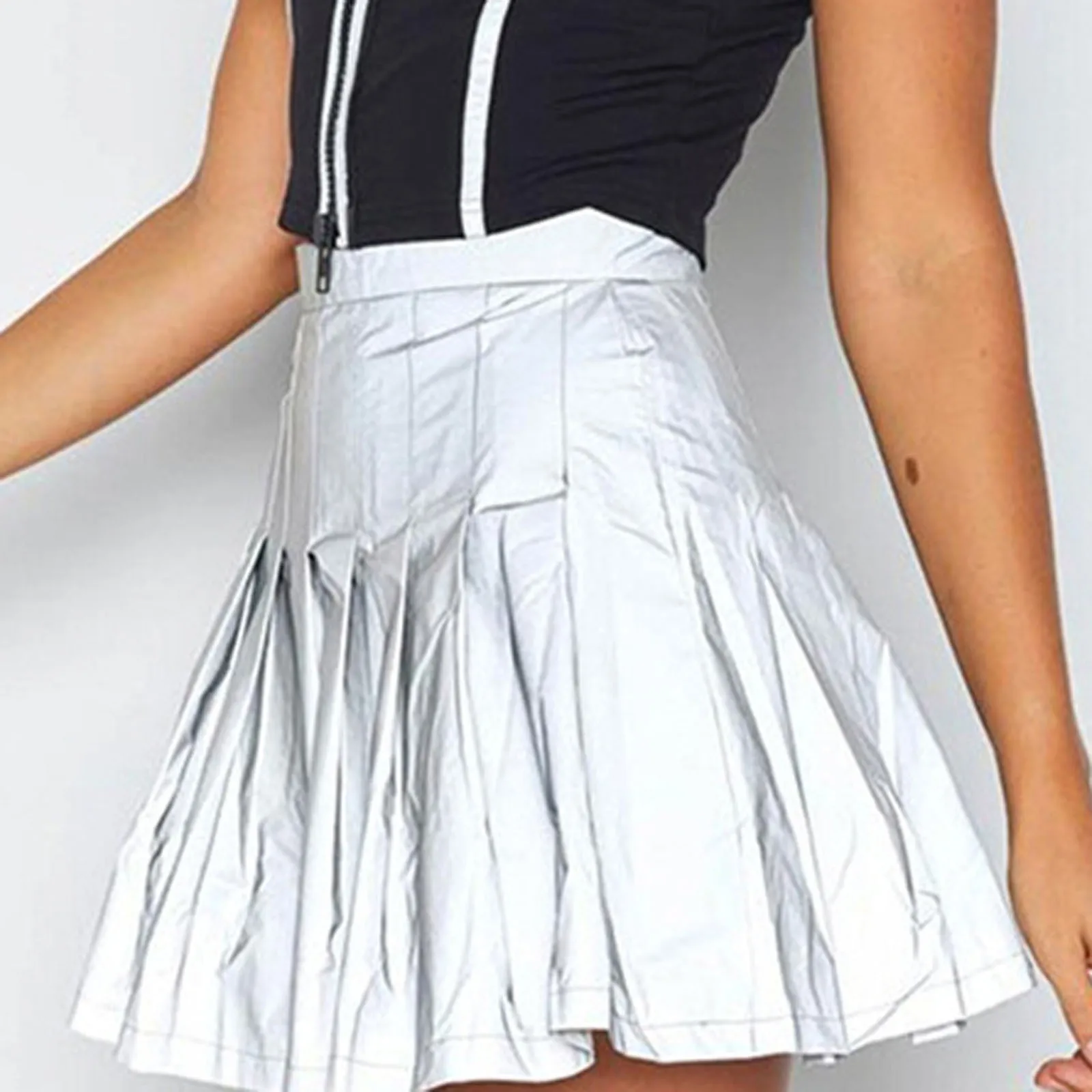 

Reflective solid color zipper sexy casual pleated skirt women's skirt retro skirt , 2021 summer fashion new women's wear