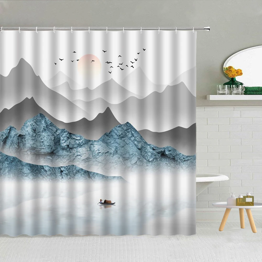 

Chinese Style Ink Painting Shower Curtain Mountain Water Plum Blossom Scenery Polyester Fabric Bathroom Supplies Hanging Curtain