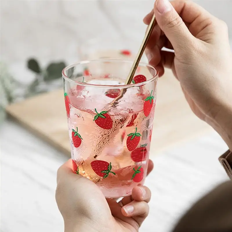 1pc Cute Strawberry Printing Glass Milk Cup Simple Storage Tea Transparent for Home Office |