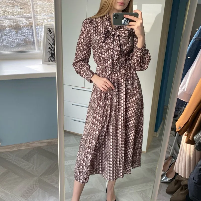 Новинка весна-лето 2020 шифоновое платье с принтом и галстуком-бабочкой длинными