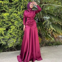 chenxiao burgundy evening dresses silky satin high neck full sleeve no decoration middle east dubai saudi arabia