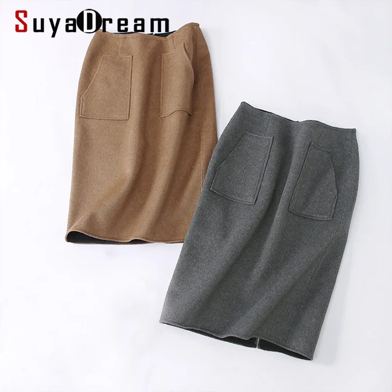 SuyaDream женские зимние шерстяные Облегающие юбки 2019 одноцветная юбка карандаш два