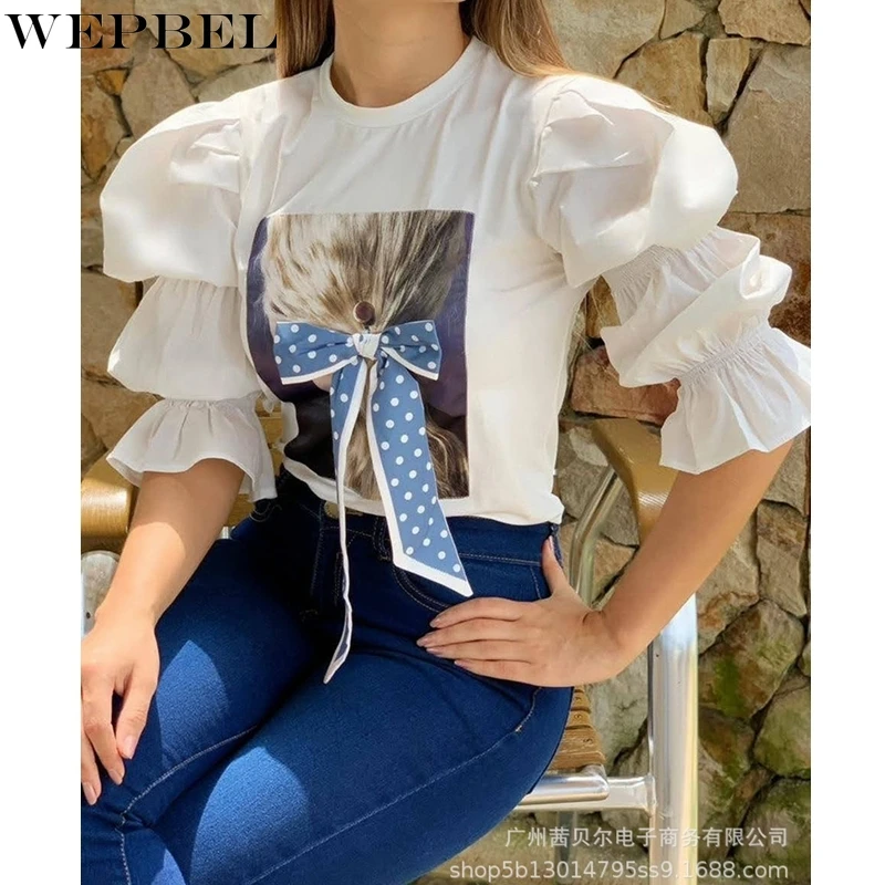 

WEPBEL Casual Printed T-shirt Women's Bow T-shirt Top Autumn Fashion O-Neck Pleated Puff Sleeve T-shirt