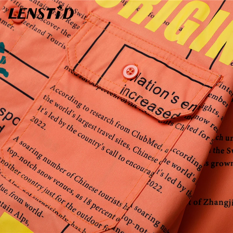 LENSTID 2019 осенние мужские рубашки в стиле хип хоп с графической картой газетный