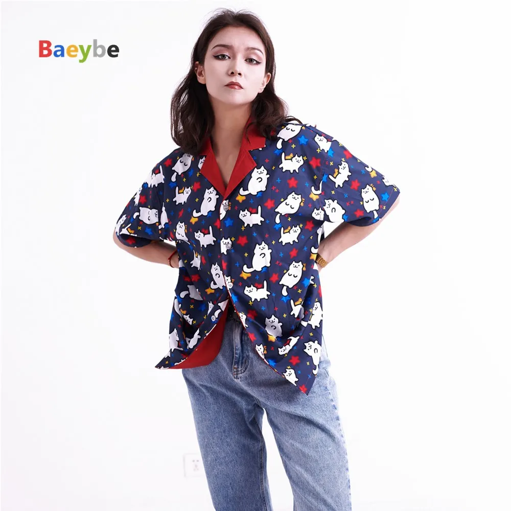 

Women Hawaiian Shirts Blouses Blusas Hip Hop Unisex Short Sleeve Cat Anime Friends Printed Streetwear Buttons up shirt